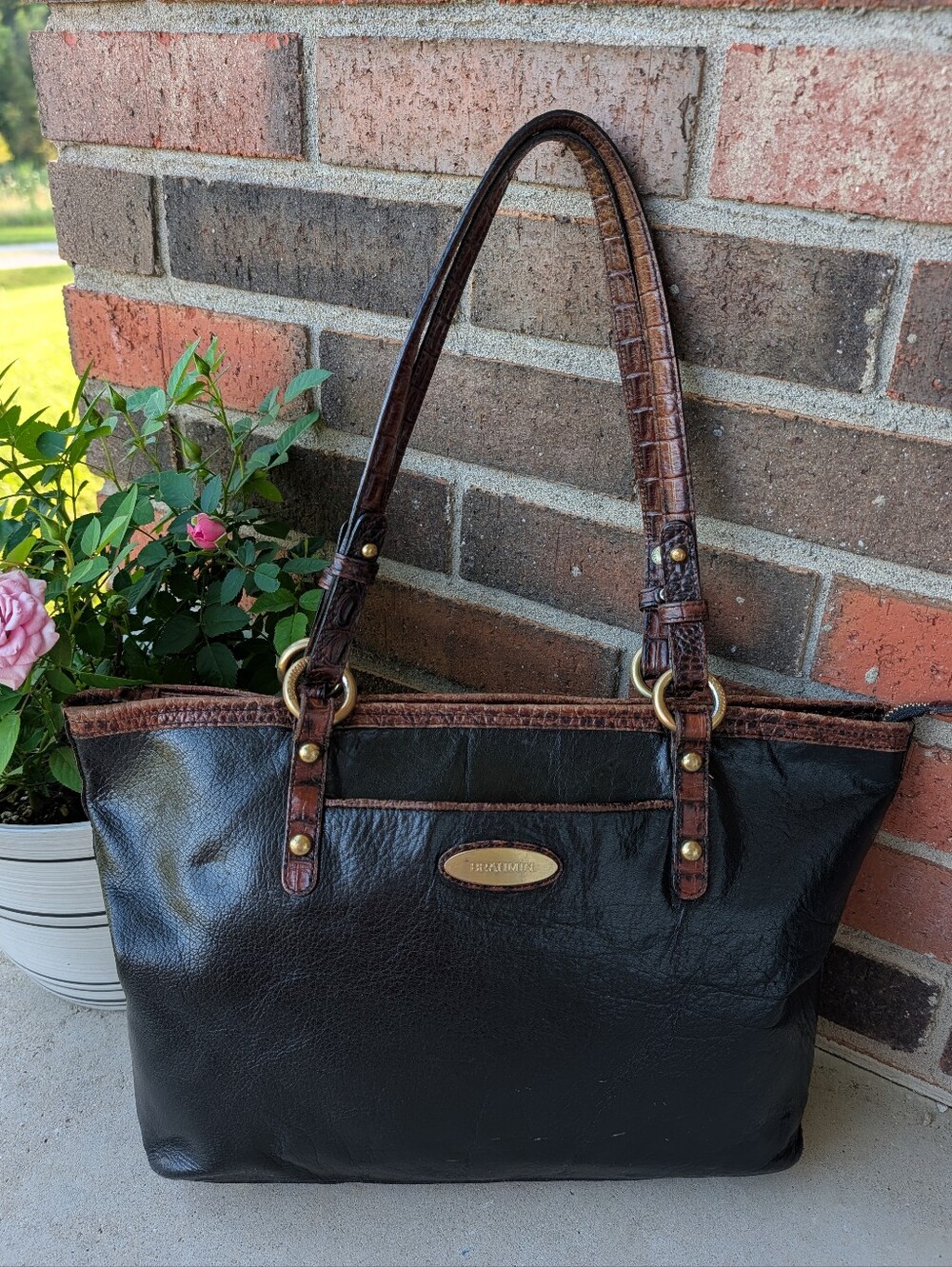 🖤 Vintage Y2K Brahmin Amo Tuscan Zip Top Oversized Shoulder Tote Bag, Black